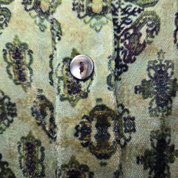 Soft Surroundings Green Patterned Velour Blouse Mother Of Pearl Buttons Petite S - Picture 2 of 7